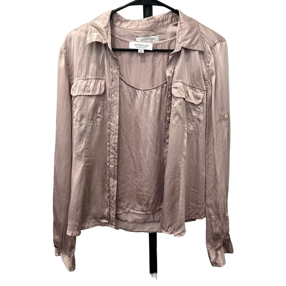 Vintage Emanuel Ungaro Mauve Silk Button Up Shirt Sleeveless Blouse Set Sz 8